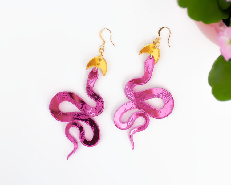 Snake Gold and Pink Mirror Earrings