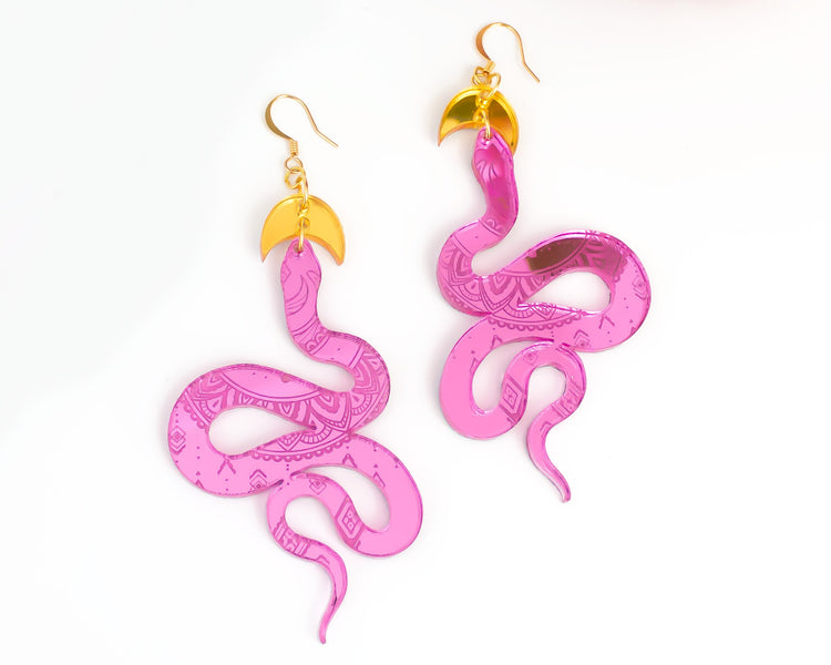 Snake Gold and Pink Mirror Earrings