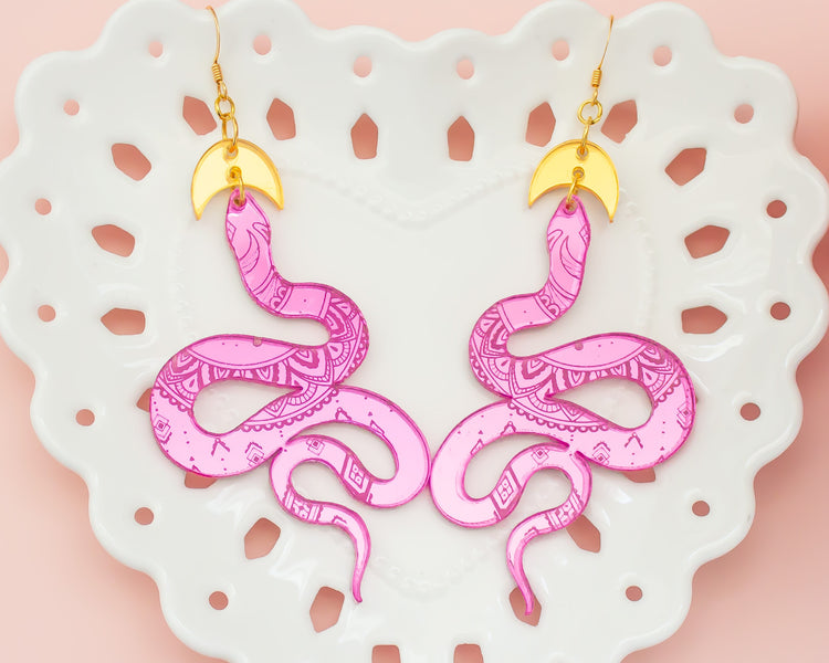 Snake Gold and Pink Mirror Earrings