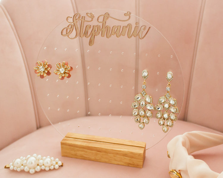 Personalized Acrylic Earring Display With Rose Gold Name