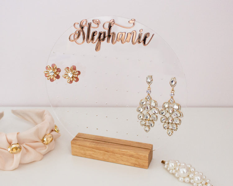 Personalized Acrylic Earring Display With Rose Gold Name