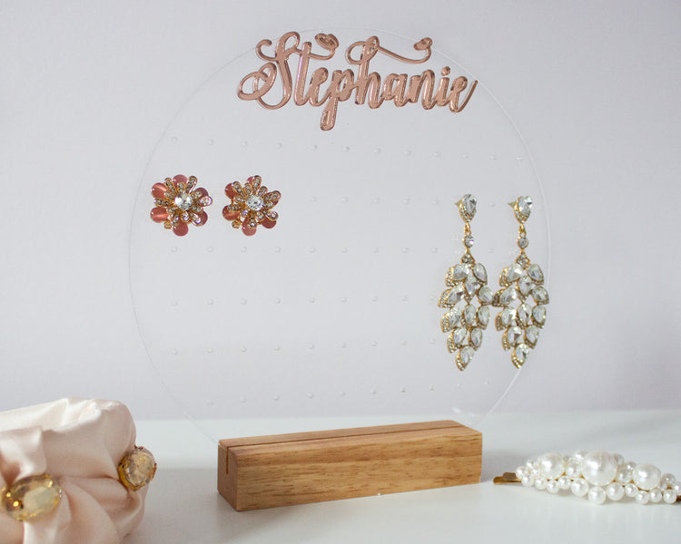 Personalized Acrylic Earring Display With Rose Gold Name