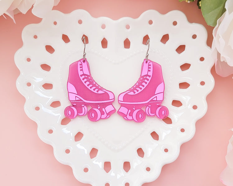 Roller Skates Pink Mirror Acrylic Earrings