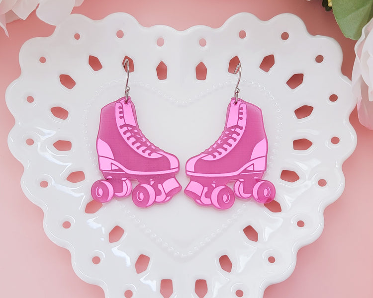Roller Skates Pink Mirror Acrylic Earrings