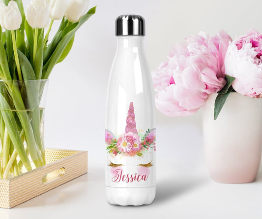 pink unicorn face with eyelashes custom water bottle