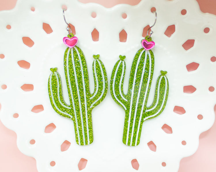 Glitter Cactus Acrylic Earrings
