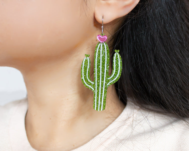Glitter Cactus Acrylic Earrings