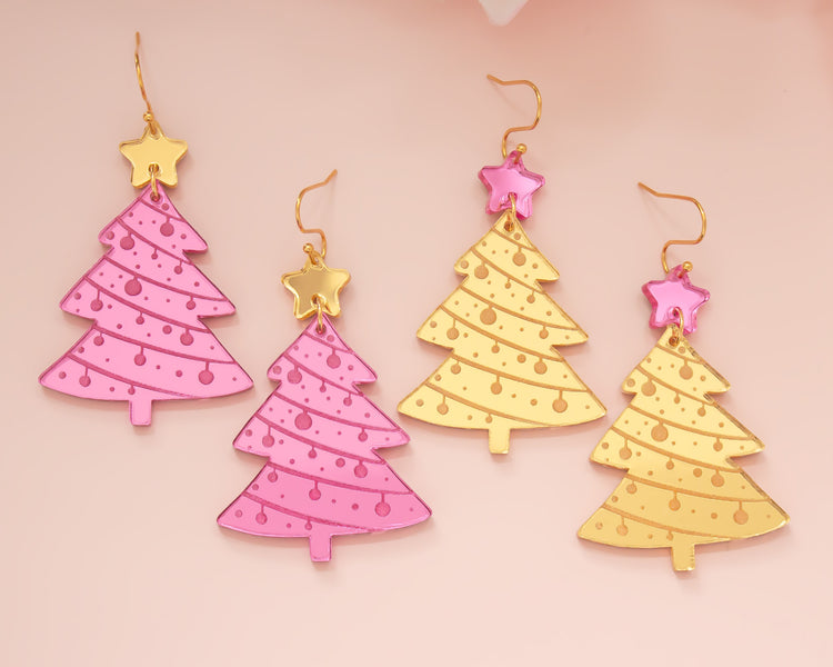 Pink & Gold Christmas Tree Earrings