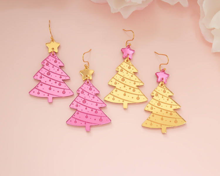 Pink & Gold Christmas Tree Earrings