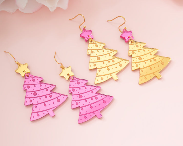 Pink & Gold Christmas Tree Earrings