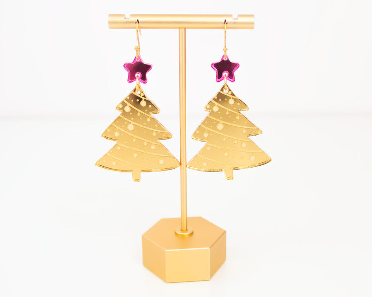 Pink & Gold Christmas Tree Earrings