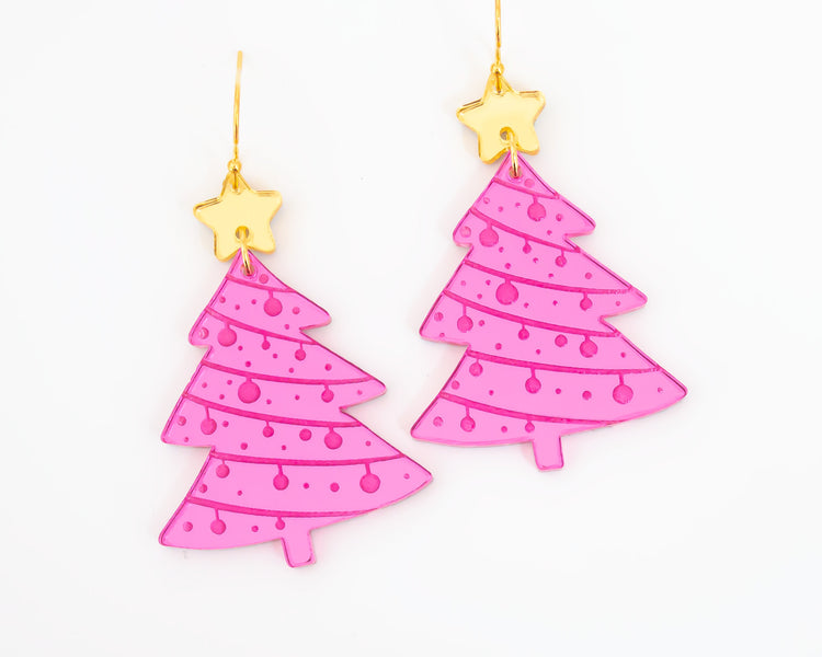 Pink & Gold Christmas Tree Earrings