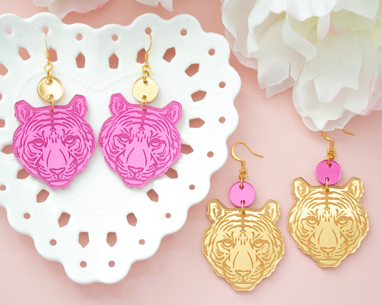 Tiger Pink and Gold Mirror Earrings