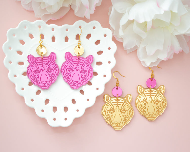 Tiger Pink and Gold Mirror Earrings
