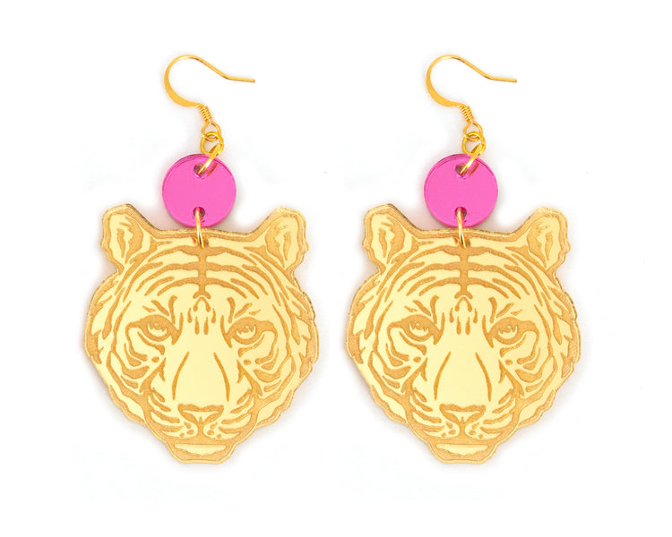 Tiger Pink and Gold Mirror Earrings