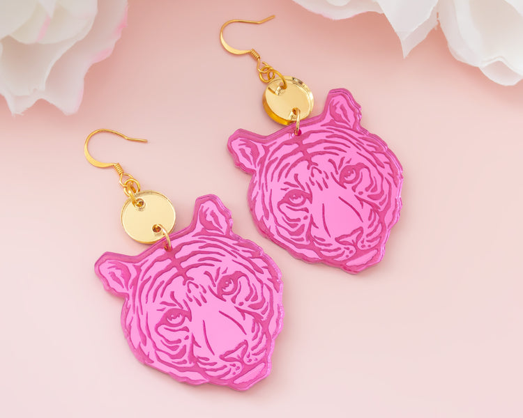 Tiger Pink and Gold Mirror Earrings