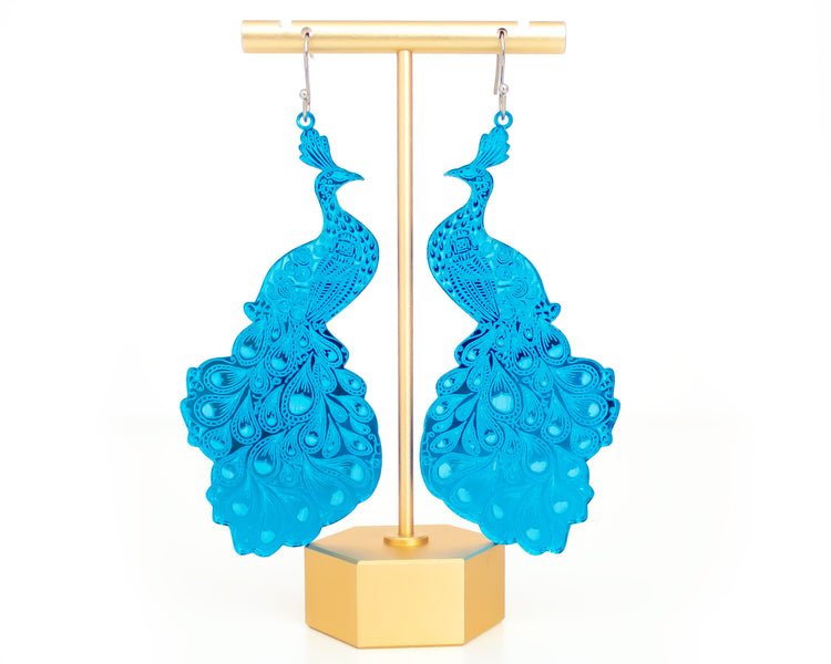 Large Statement Peacock Blue Mirror Acrylic Earrings