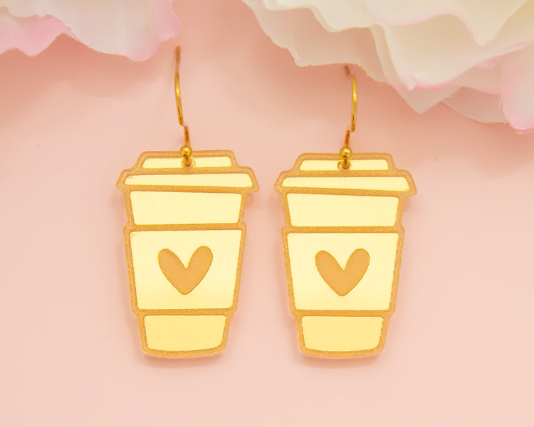 Coffee Cup Gold Mirror Acrylic Earrings