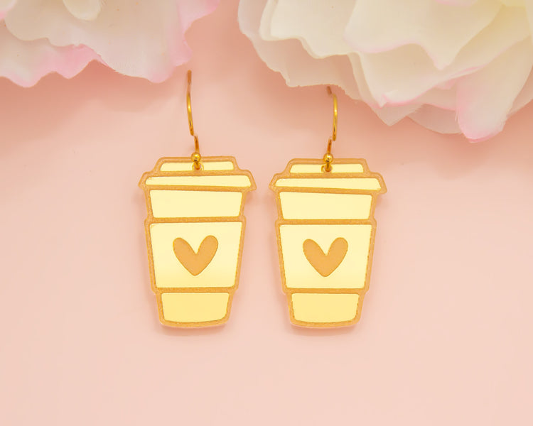 Coffee Cup Gold Mirror Acrylic Earrings