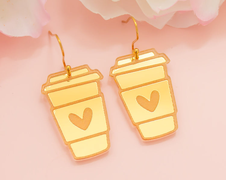 Coffee Cup Gold Mirror Acrylic Earrings