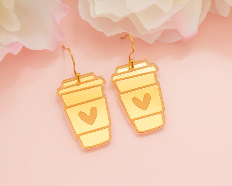 Coffee Cup Gold Mirror Acrylic Earrings