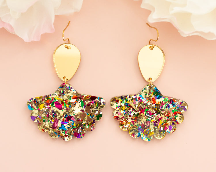 Scallop Fan Gold Confetti Geometric Earrings