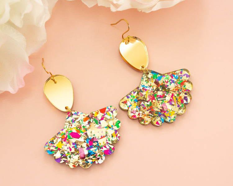 Scallop Fan Gold Confetti Geometric Earrings