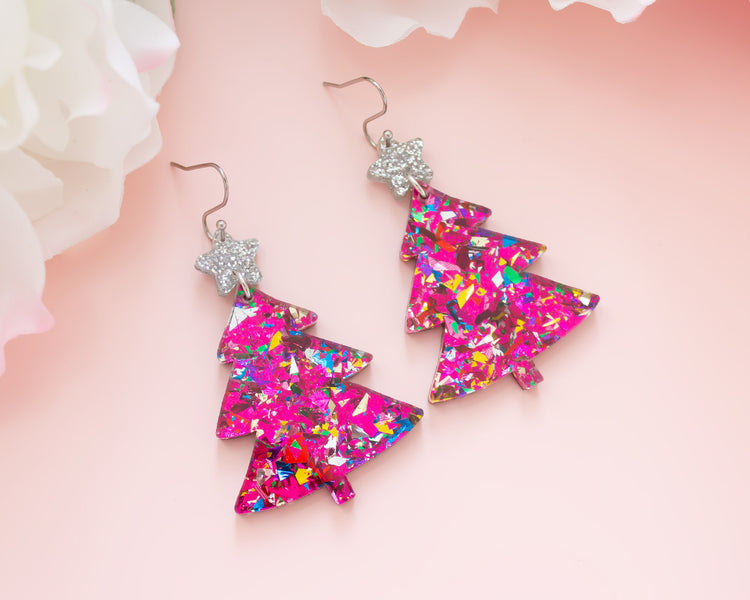 Pink Confetti Christmas Tree Earrings
