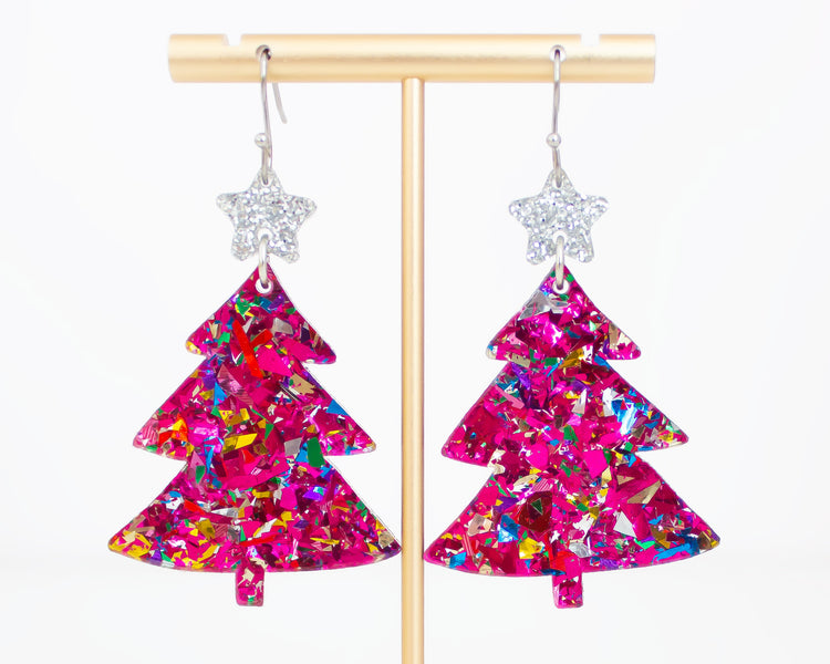 Pink Confetti Christmas Tree Earrings
