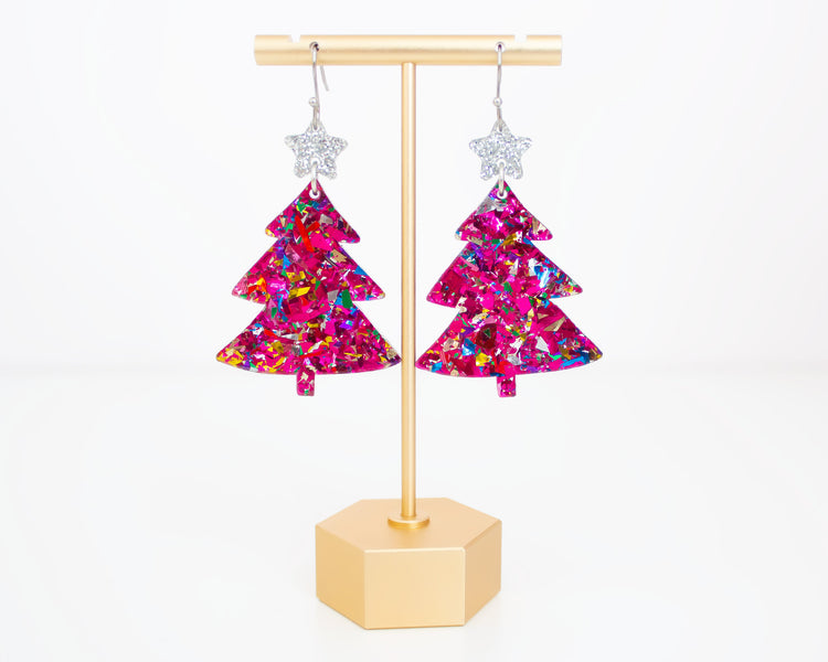 Pink Confetti Christmas Tree Earrings
