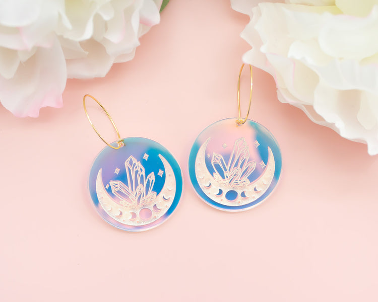 Moon & Crystals Celestial Holographic Acrylic Hoop Earrings