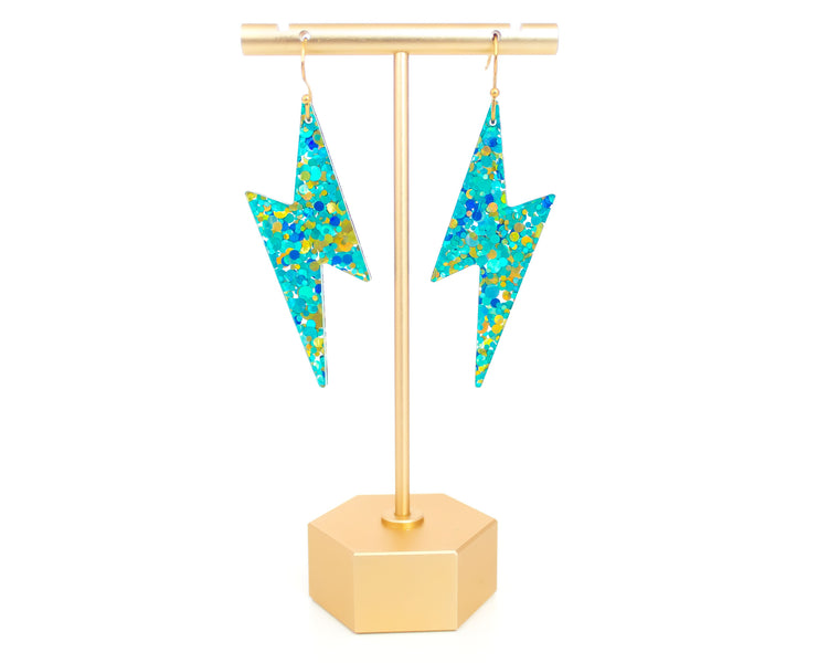 Lightning Bolt Aqua Confetti Acrylic Earrings