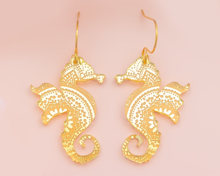 Sea Horse Gold Mirror Acrylic Earrings