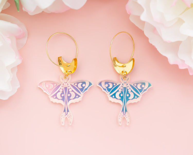 Celestial Moth Holographic Acrylic Hoop Earrings