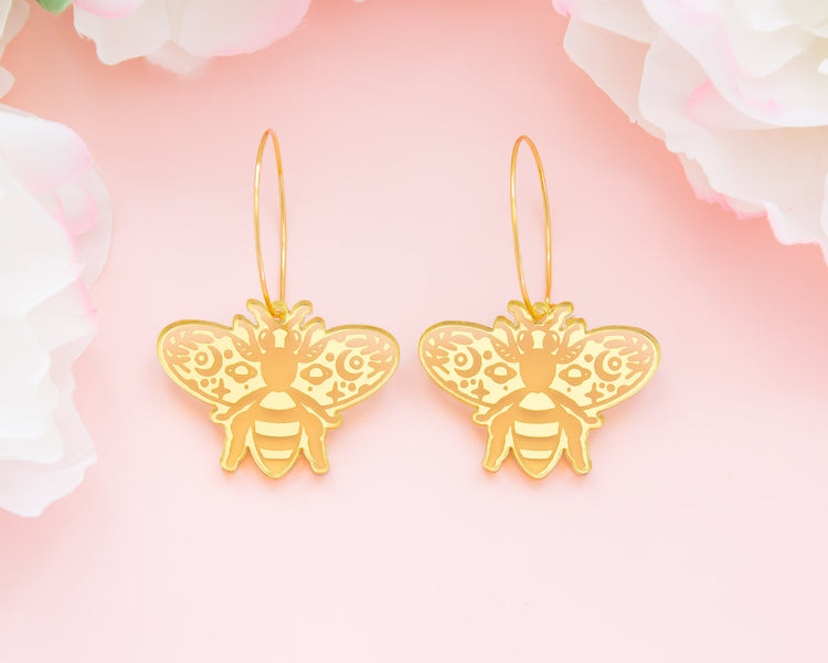 Celestial Bee Gold Mirror Hoop Earrings
