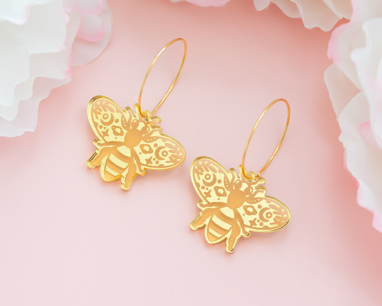 Celestial Bee Gold Mirror Hoop Earrings