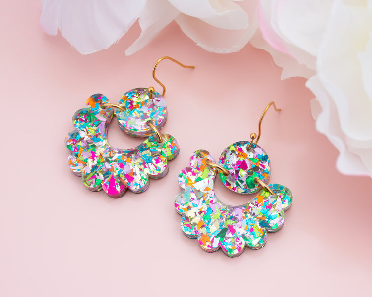 Geometric Scallop Multi-Colour Acrylic Earrings