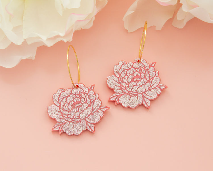 Glitter Pink Peony Acrylic Hoop Earrings