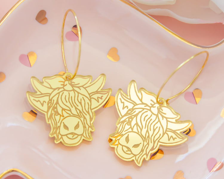 Gold Highland Cow Acrylic Hoop Earrings