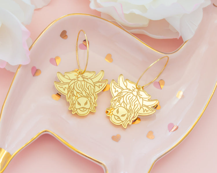 Gold Highland Cow Acrylic Hoop Earrings