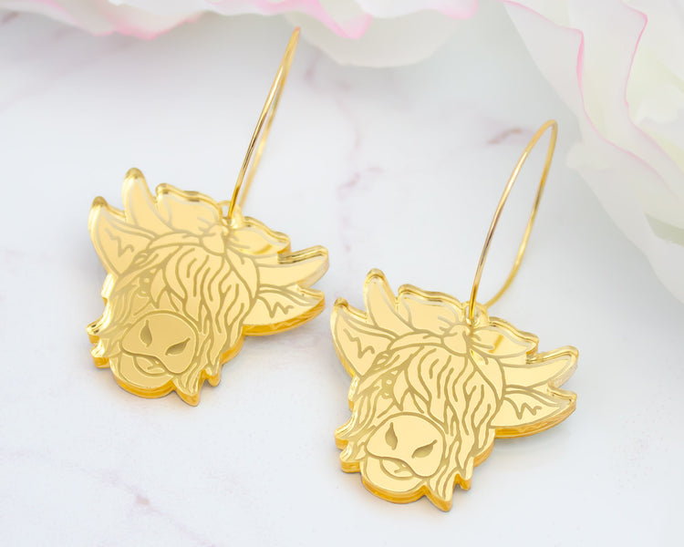Gold Highland Cow Acrylic Hoop Earrings