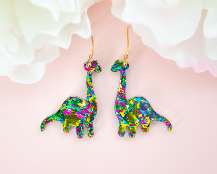 Green Dinosaur Confetti Earrings