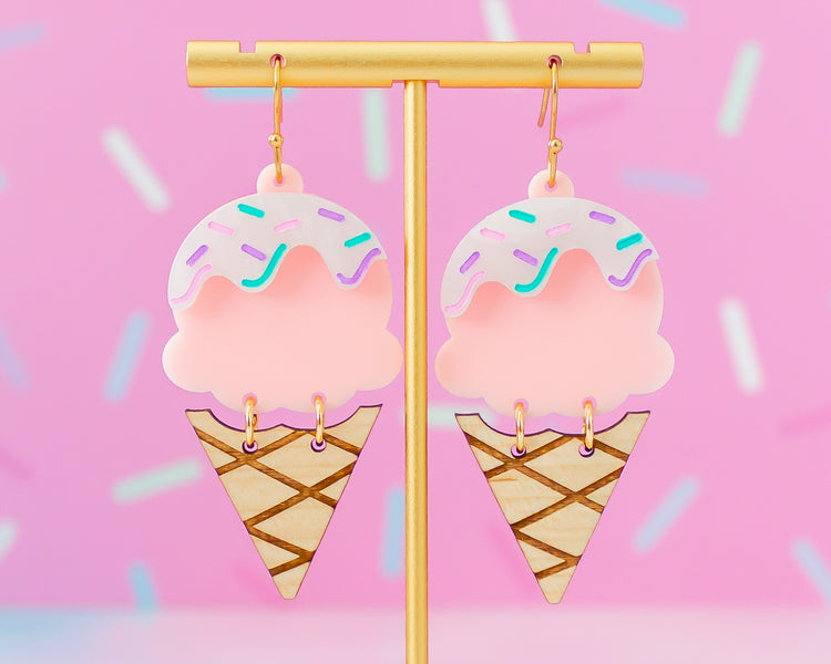 Ice Cream Cone Acrylic & Wood Earrings
