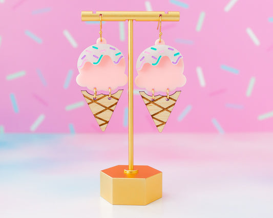 Ice Cream Cone Acrylic & Wood Earrings