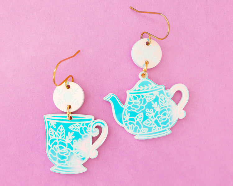 Tea Cup & Teapot Mismatch Holographic Earrings