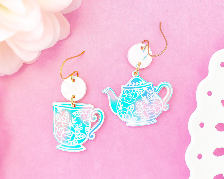 Tea Cup & Teapot Mismatch Holographic Earrings
