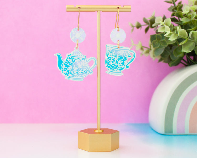 Tea Cup & Teapot Mismatch Holographic Earrings