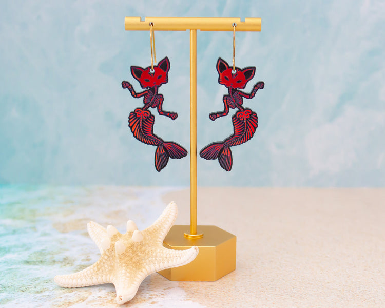 Skeleton Mermaid Cat Earrings