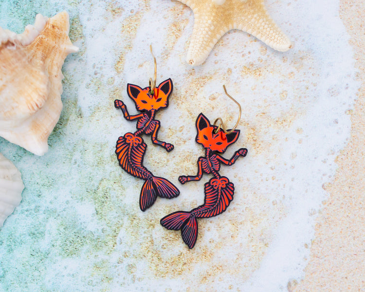 Skeleton Mermaid Cat Earrings