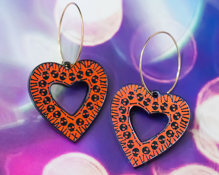Holographic Skull Heart Earring Hoops